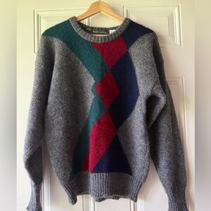 Retro Gray Geometric Pattern 100% Pure Wool Sweater Made in England